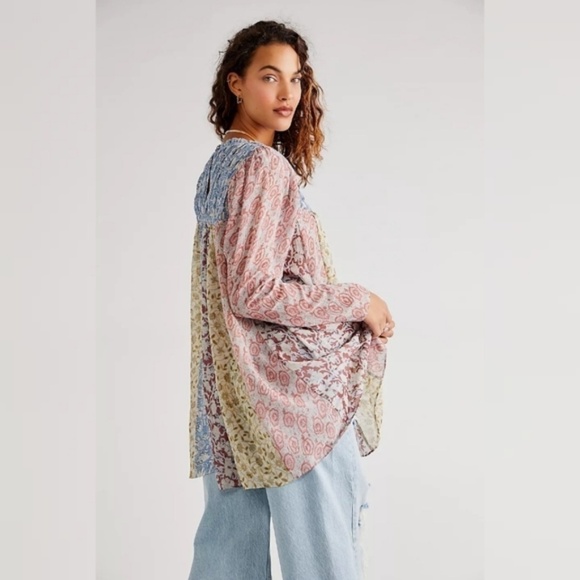 Free People Merrie Mix Floral Print Smocked Chiffon Tunic Rouched Blouse Lilac - Picture 16 of 16